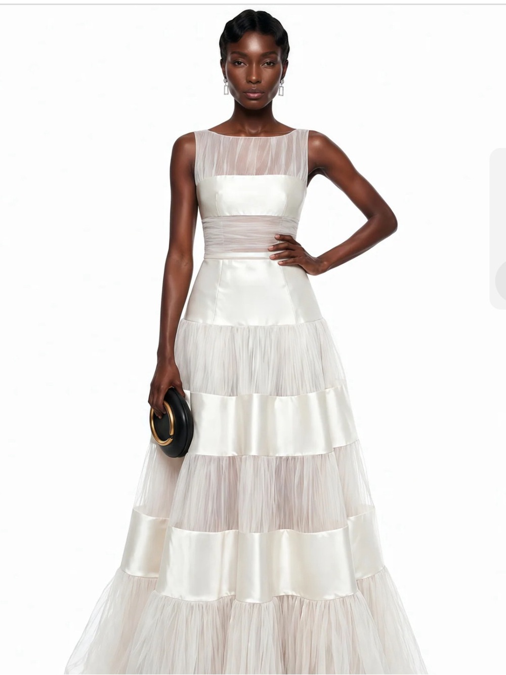 Elegant White Tiered Satin & Tulle Evening Gown